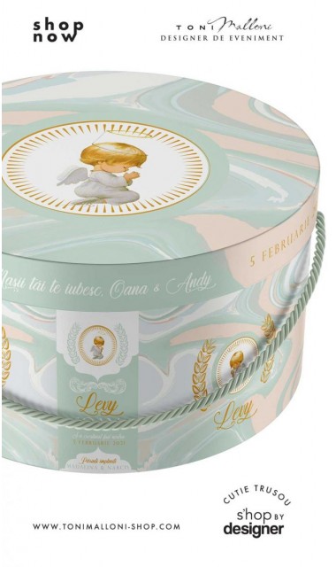 Cutie trusou botez cu un bebe inger si motive verde menta si accente aurii gold 2